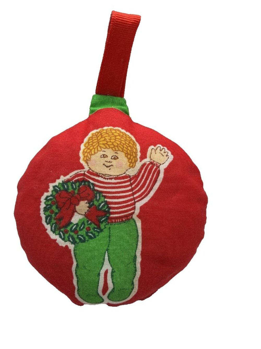 Vintage Handmade Cloth Christmas Ball Ornament 80s Patch Kid Red Green